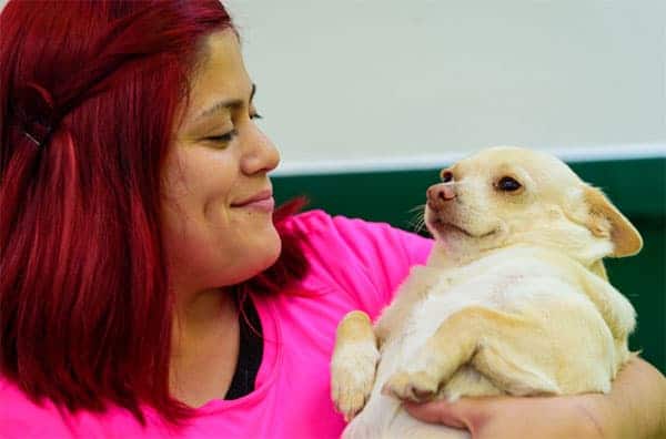 Paw Commons employee cradling a dog