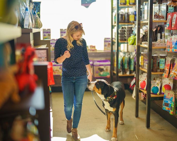 Dog and owner in the retail section