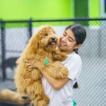 Woman holding a happy dog