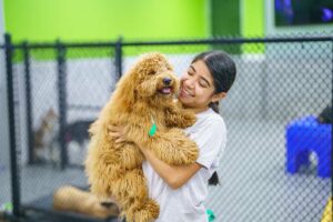 Paw commons team member holding a happy dog