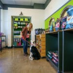 Dog and owner picking out treats in the retail store