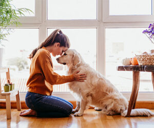 woman sitting with forehead on dog's head