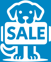 Dog holding a sale sign